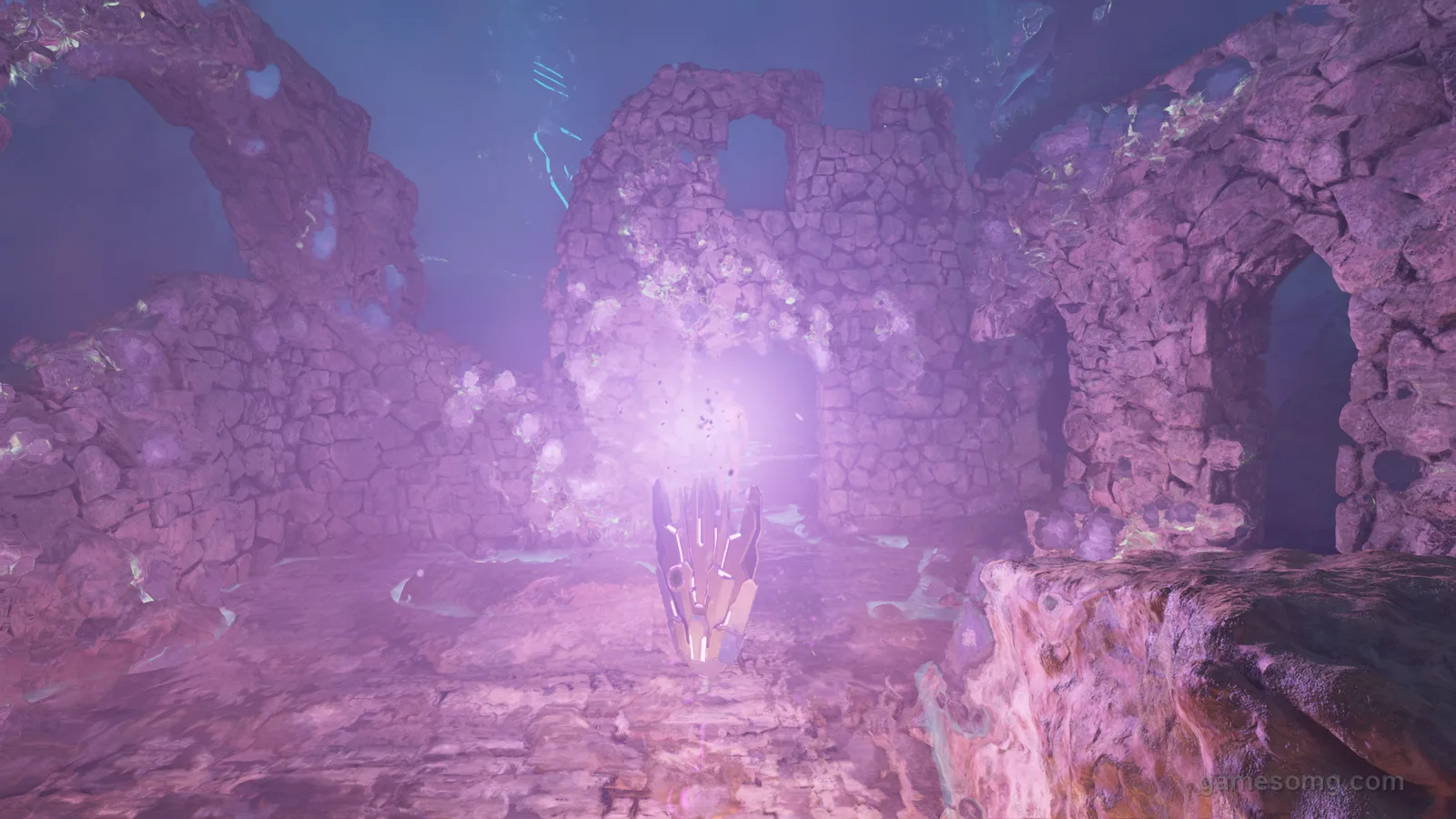 The Artifact of the Devourer floating in the sunken ruins inside the North East Cave on The Island in ARK: Survival Ascended