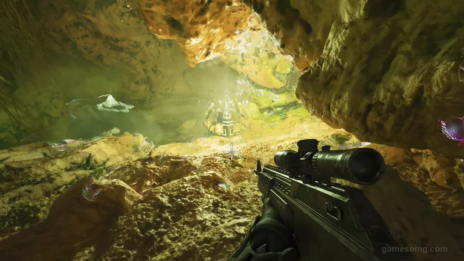 The Artifact of the Pack glowing on its pedestal at Lat 76.8, Lon 62.8 inside the Upper South Cave in ARK: Survival Ascended