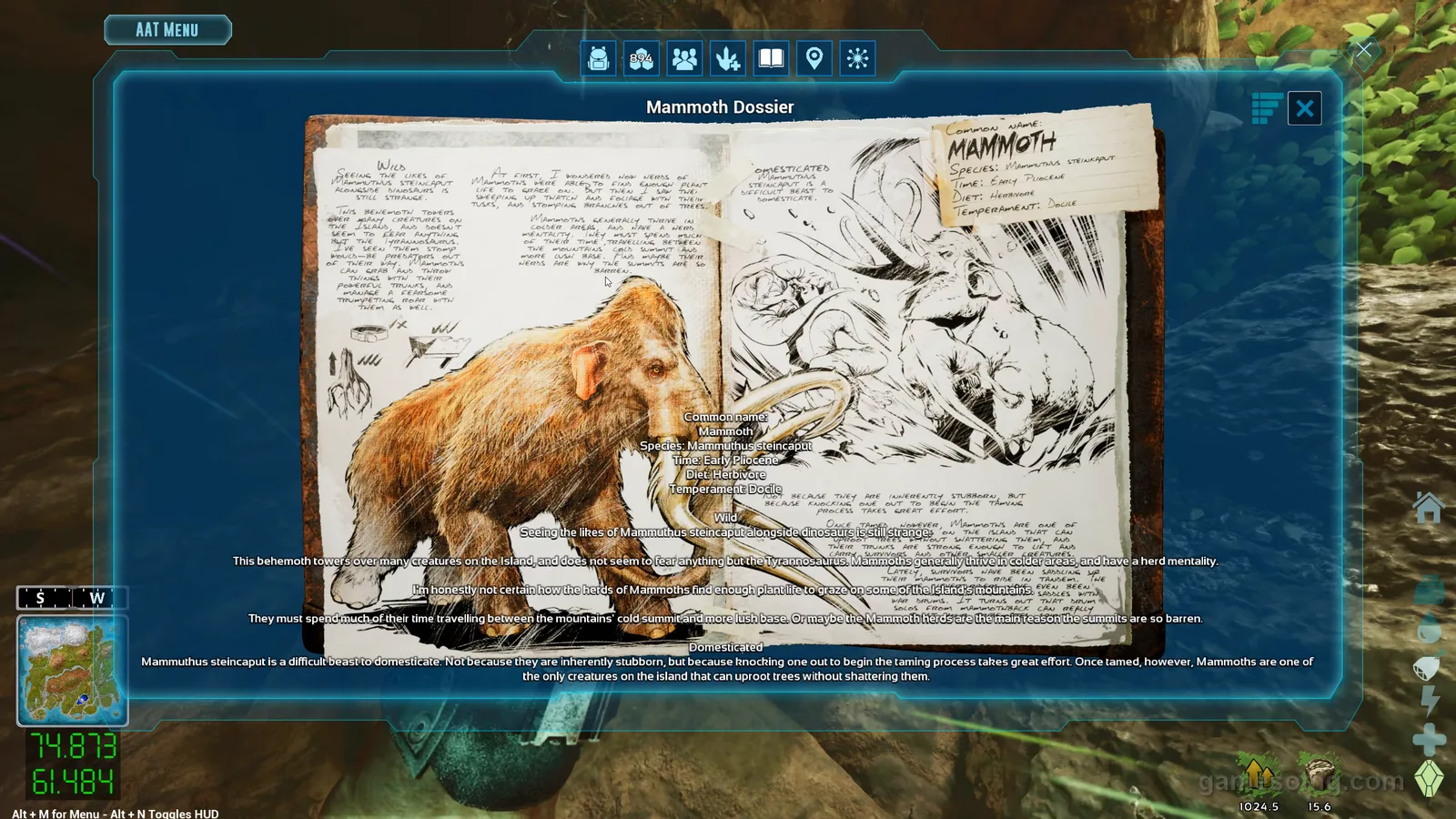 Mammoth dossier verified in-game on The Island at 74.9, 61.5 in ARK: Survival Ascended