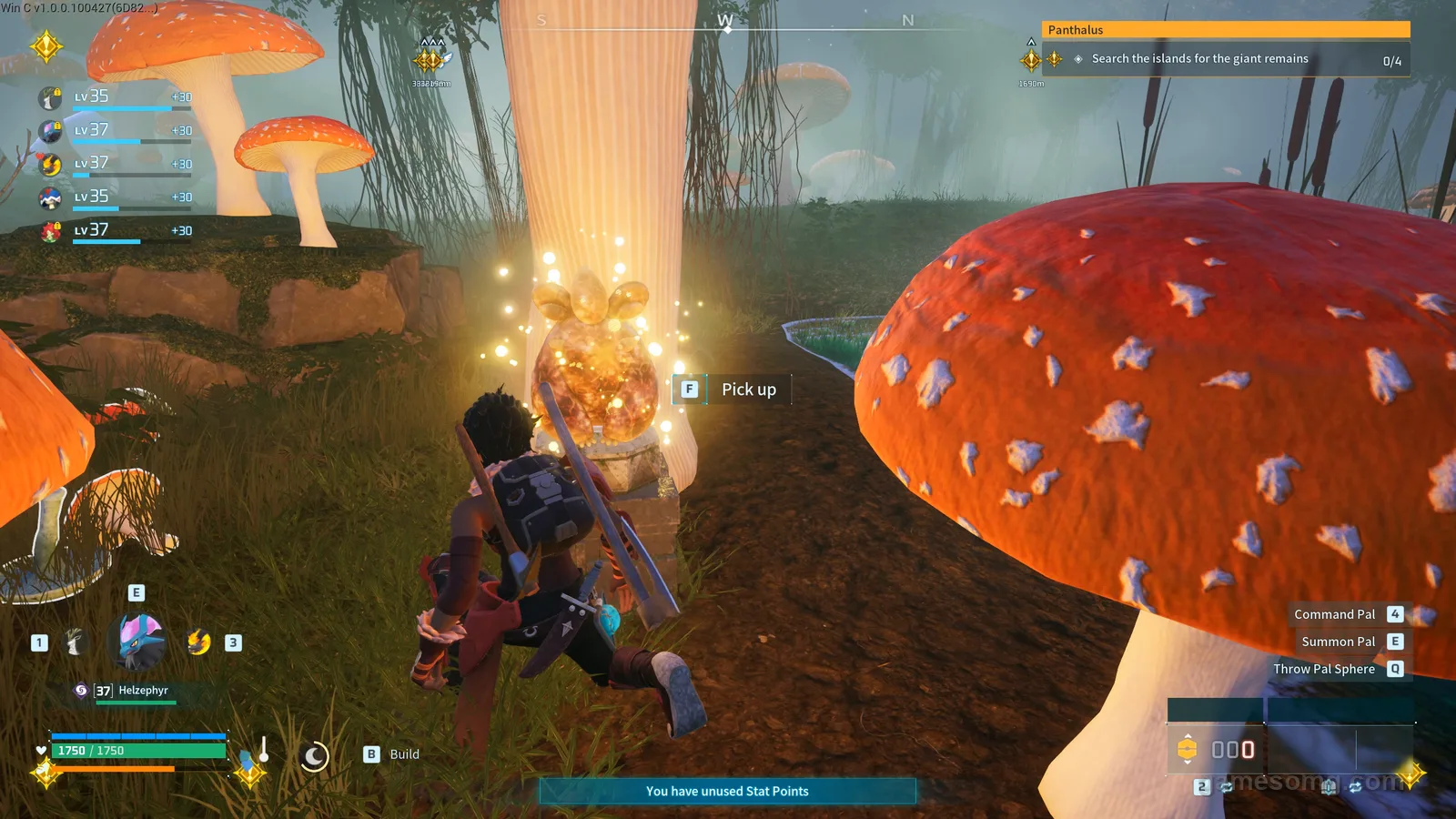 A golden Herbil Effigy glowing on a stone pedestal among the giant mushrooms in Palworld 1.0.
