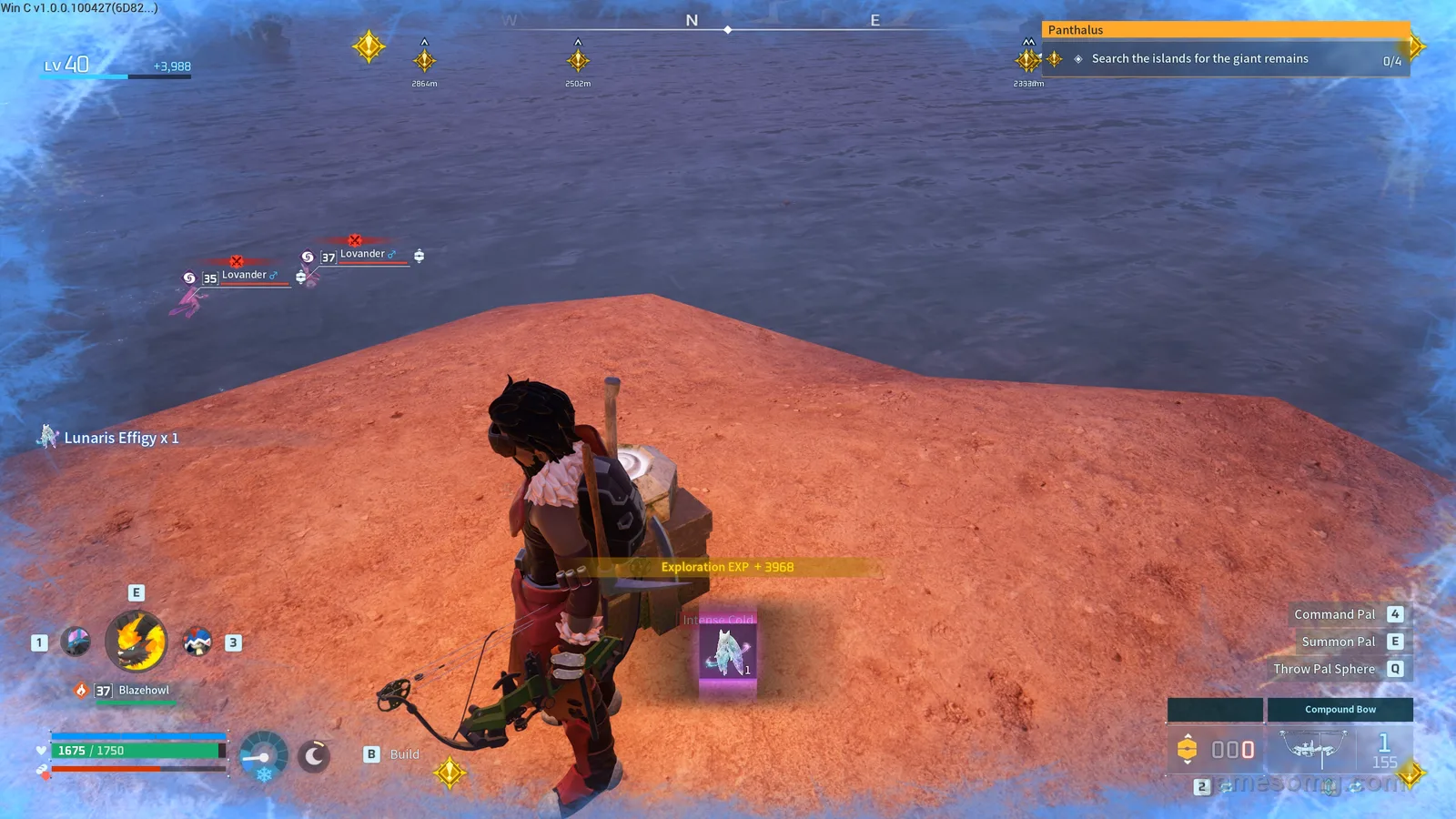 Collecting a Lunaris Effigy in Palworld 1.0 — the pickup shows Lunaris Effigy x1 and an Exploration EXP reward.