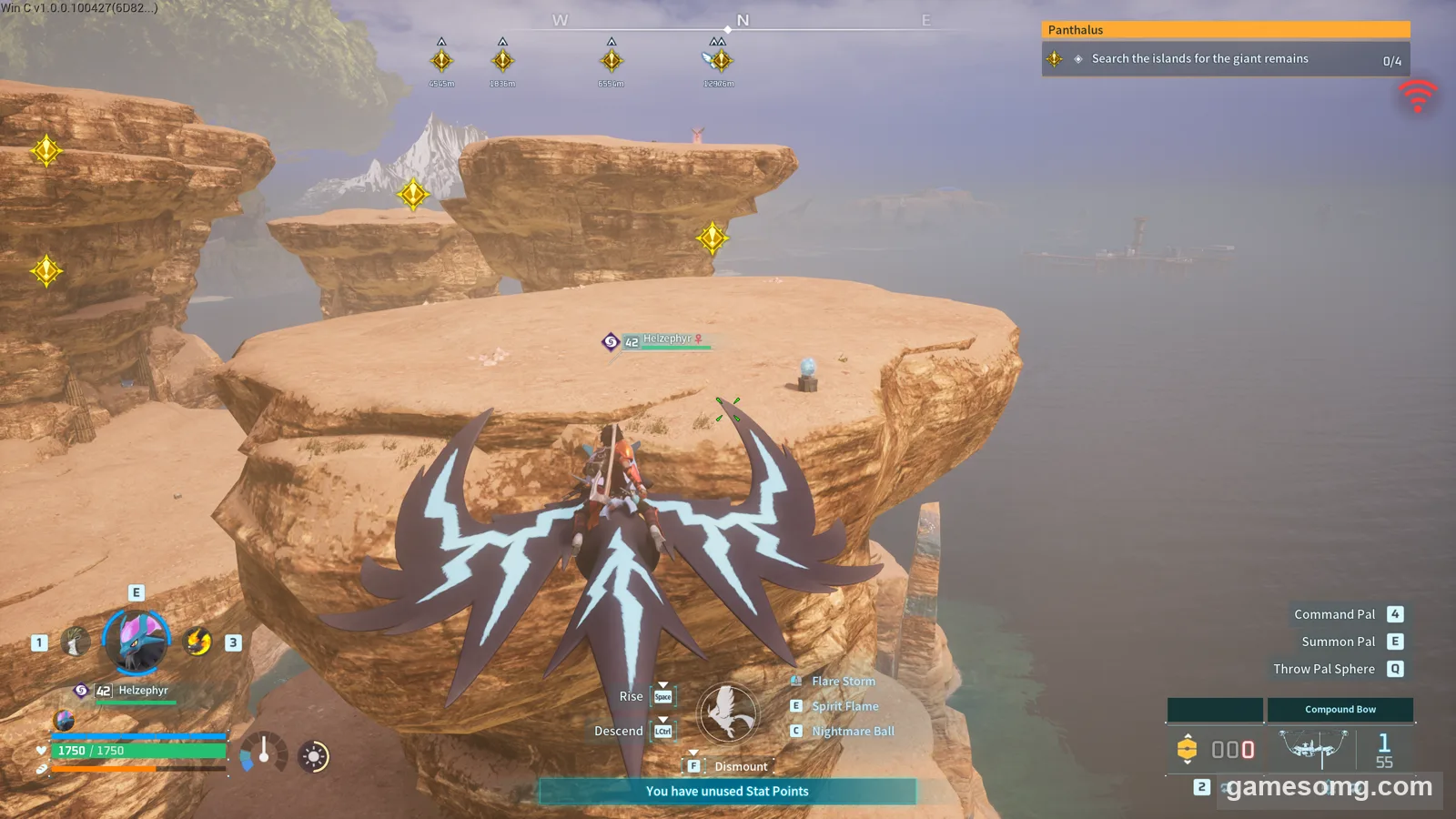 An icy-blue Munchill Effigy on a stone pedestal atop a flat sandstone mesa over the sea in Palworld 1.0.