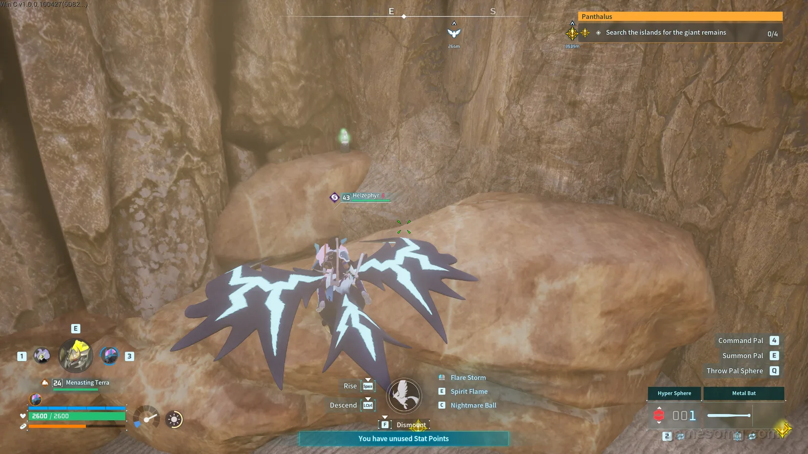 A Relaxaurus Effigy with its color-cycling glow on a rock ledge against a desert canyon wall in Palworld 1.0.