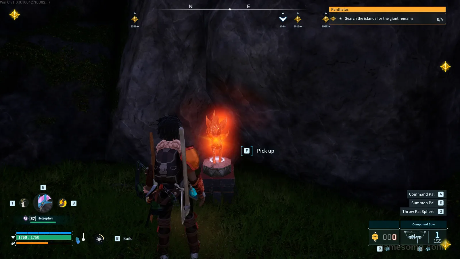 A glowing orange Rooby Effigy on a stone pedestal against a cliff in Palworld 1.0.