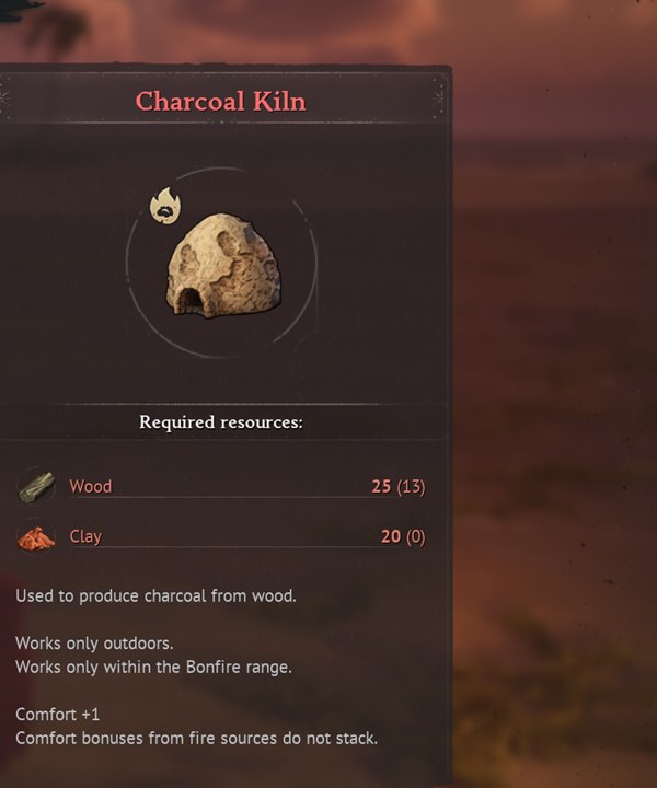 Windrose Charcoal Kiln build recipe in the Building Panel — 15 Wood and 20 Clay