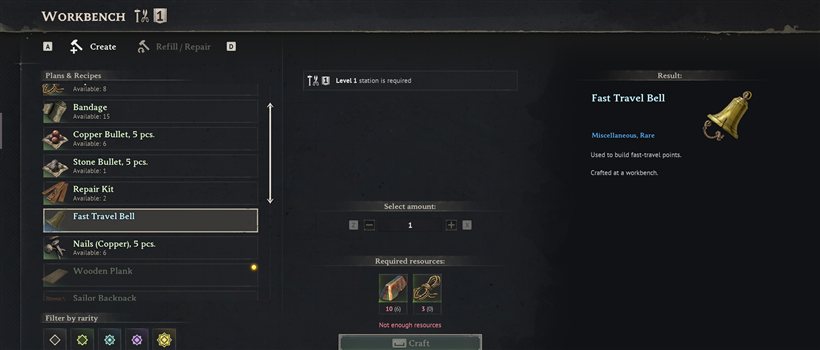 Windrose Fast Travel Bell recipe at the Workbench — 10 Copper Ingots and 3 Rope, confirmed in-game June 2026