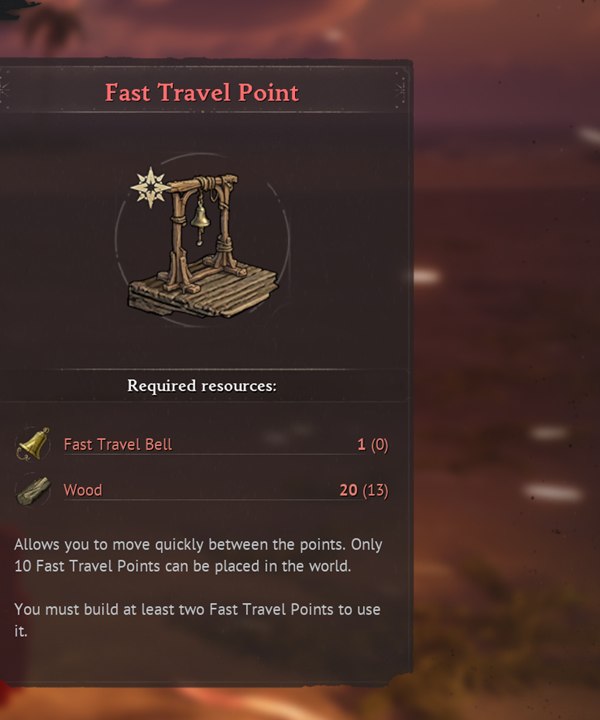 Windrose Fast Travel Point recipe in the Building Panel — 20 Wood and 1 Fast Travel Bell, max 10 placed, 2 needed to use