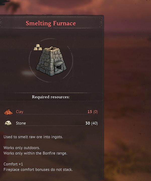 Windrose Smelting Furnace build recipe in the Building Panel — 15 Clay and 30 Stone